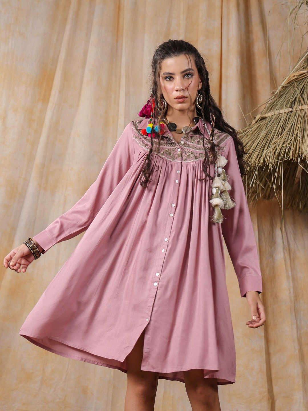 

Nyaro Floral Embroidered Shirt Dress, Magenta