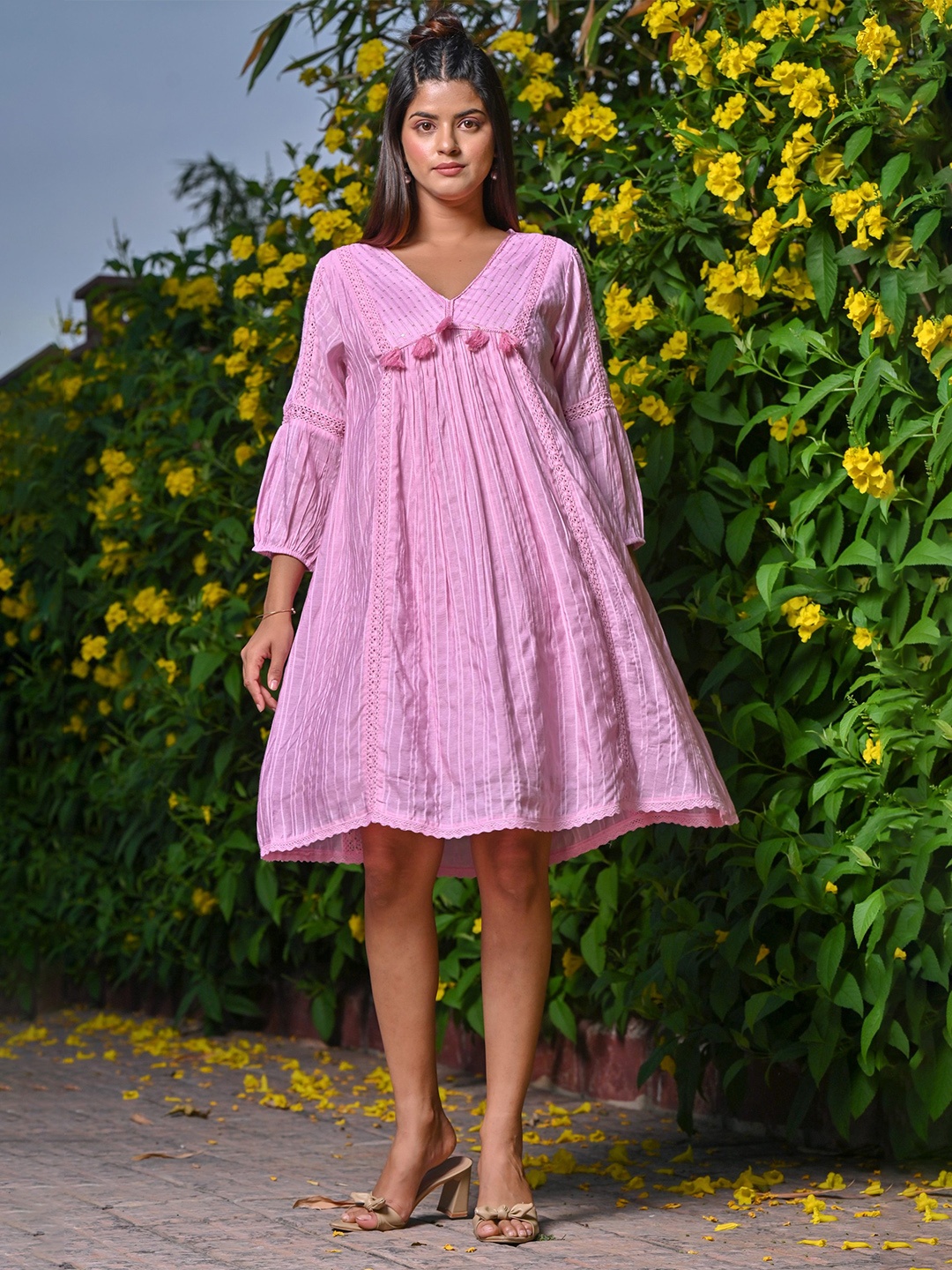 

Nyaro Striped Pom-Pom Detail A-Line Cotton Dress, Pink