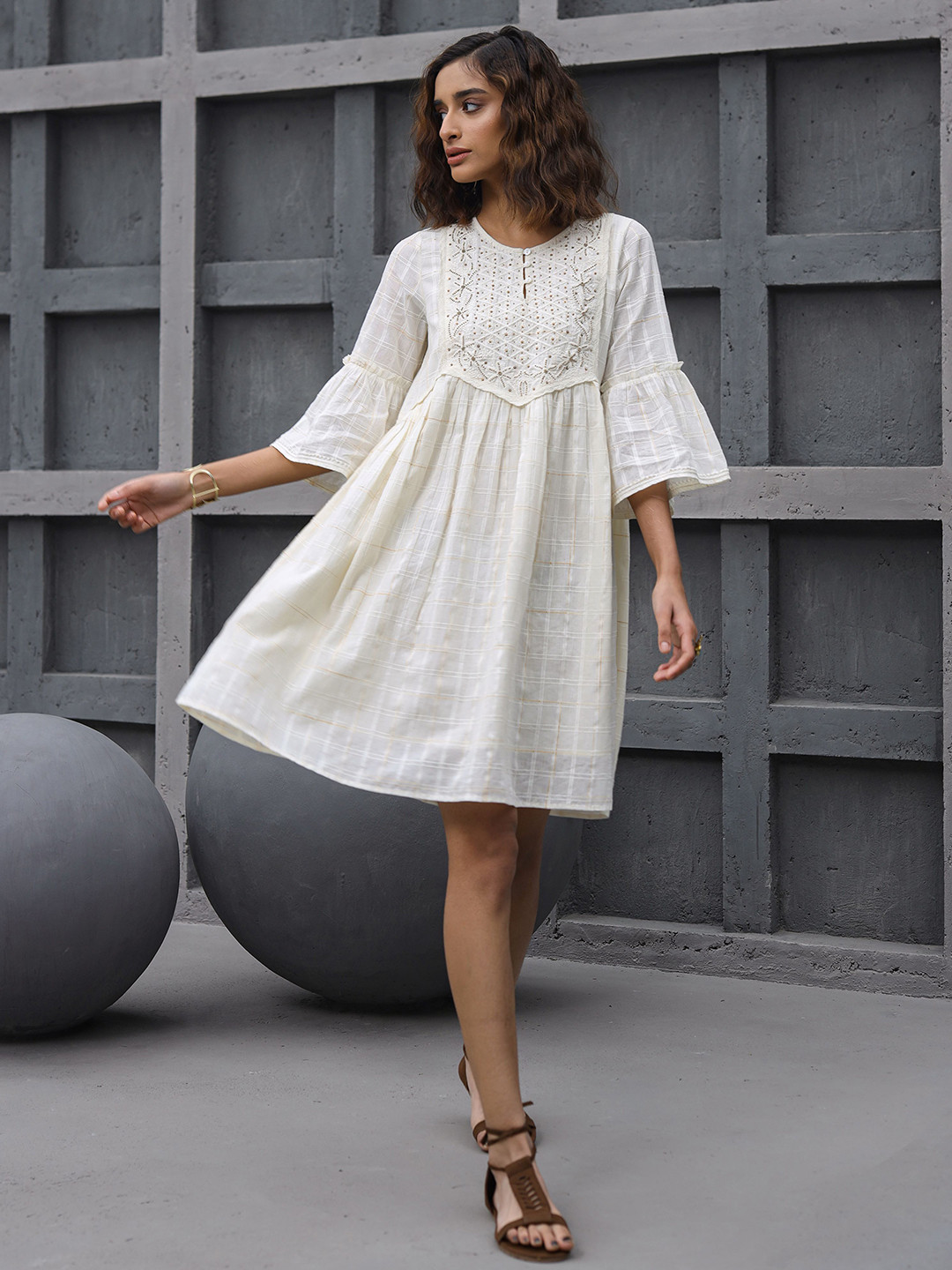 

Nyaro Women Embroidered Flared Sleeve A-Line Dress, White