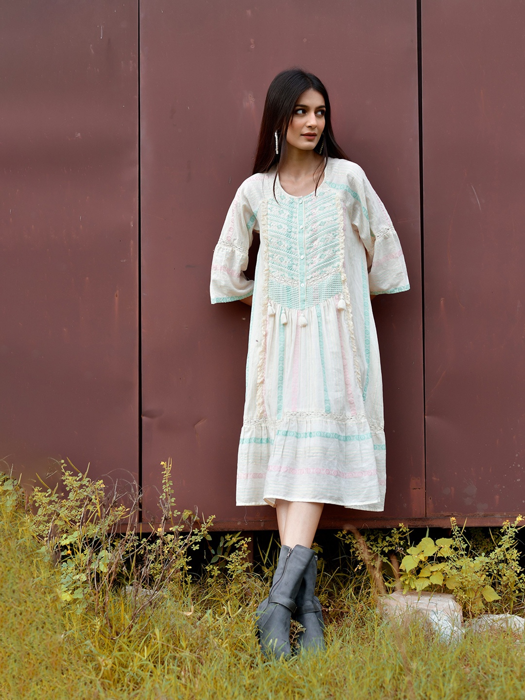 

Nyaro Women Striped Embroidered with Pom-Pom Detail A-Line Dress, Blue