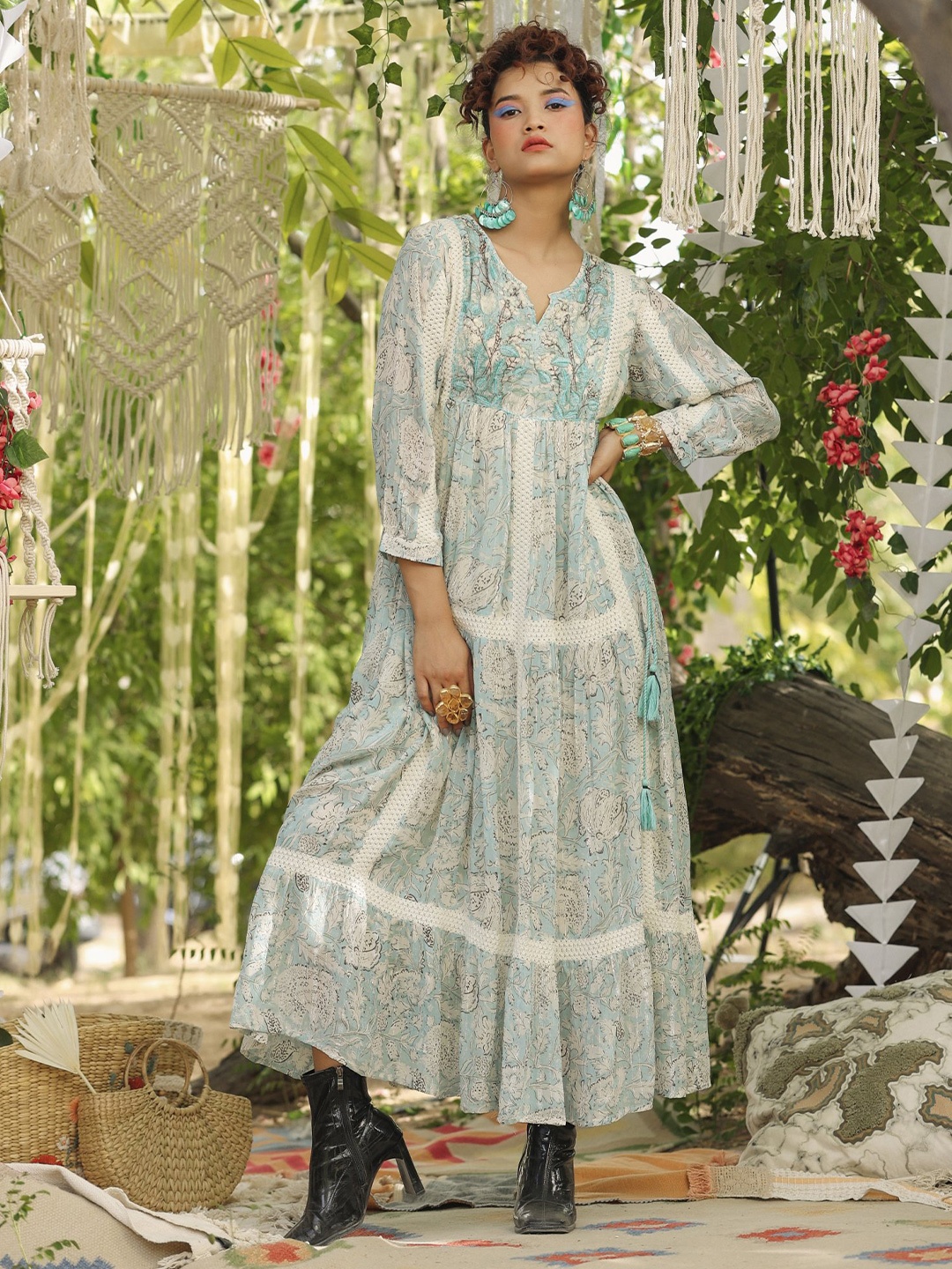 

Nyaro Floral Printed Tiered Maxi Dress, Blue