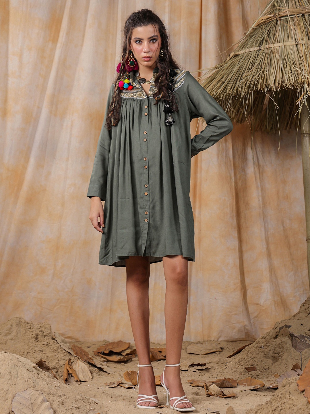 

Nyaro Women Embroidered Shirt Dress, Green
