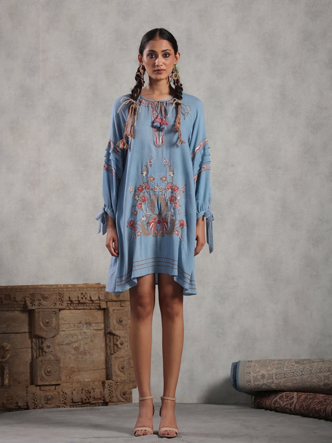 

Nyaro Women Floral Embroidered A-Line Dress, Blue