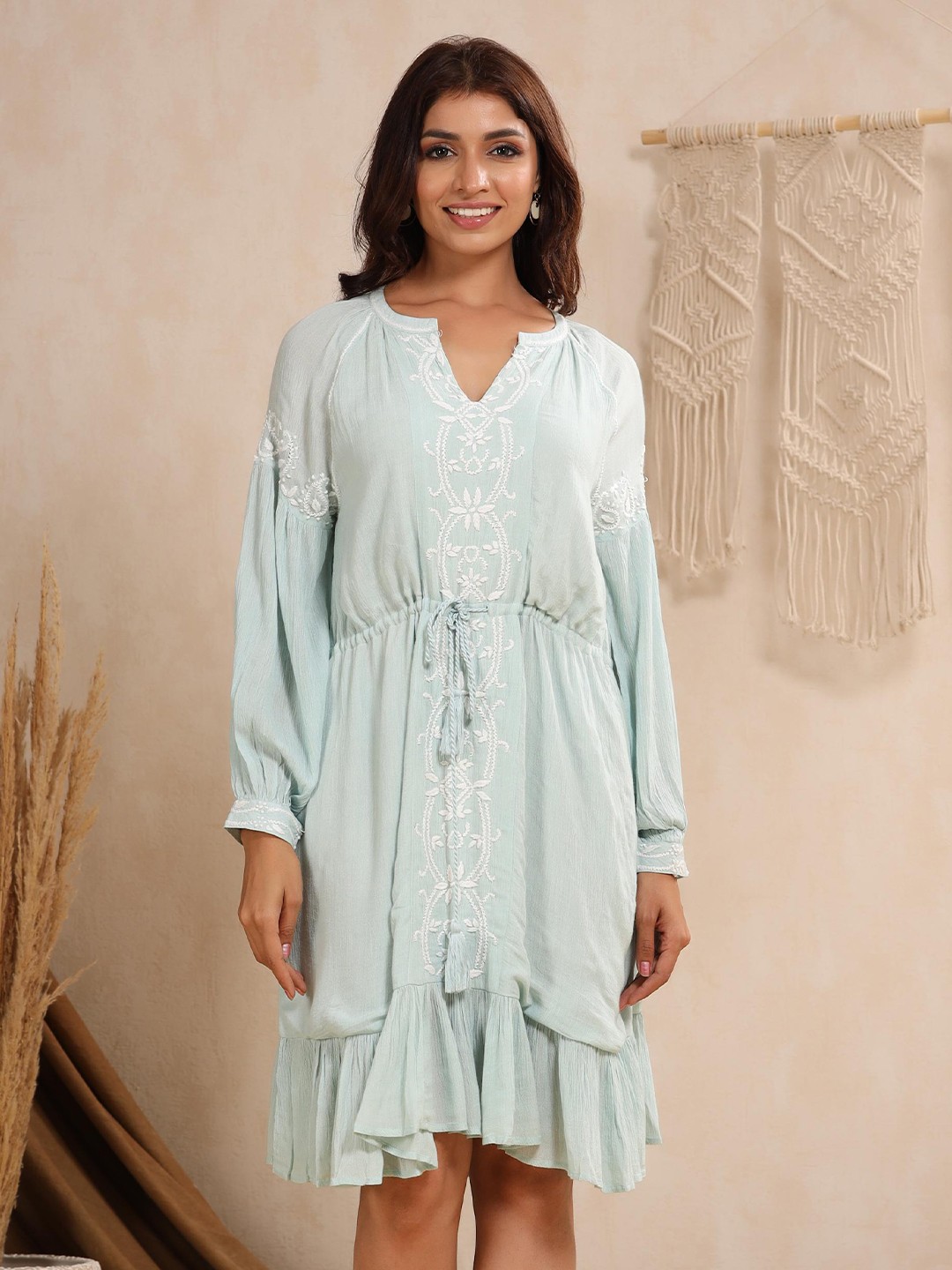 

Nyaro Ethnic Motifs Embroidered A-Line Dress, Blue