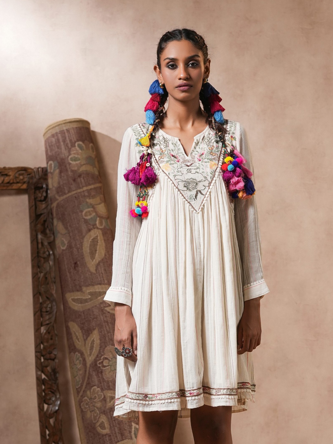 

Nyaro Floral Embroidered A-Line Cotton Dress, White