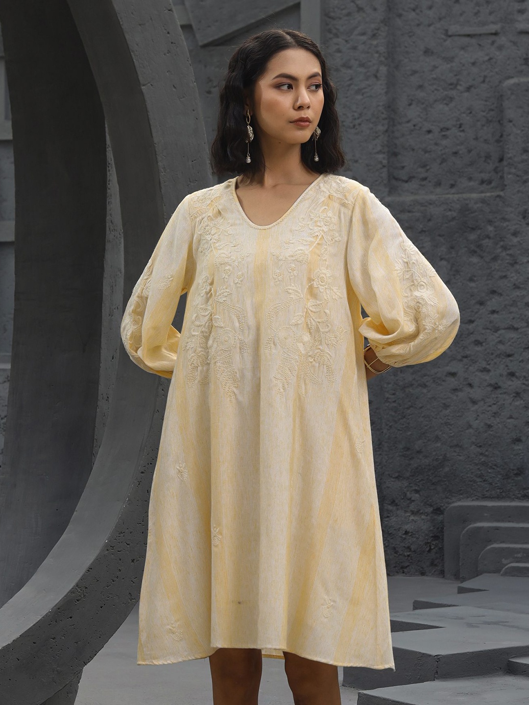 

Nyaro Floral Embroidered V-Neck Cotton A-Line Dress, Yellow