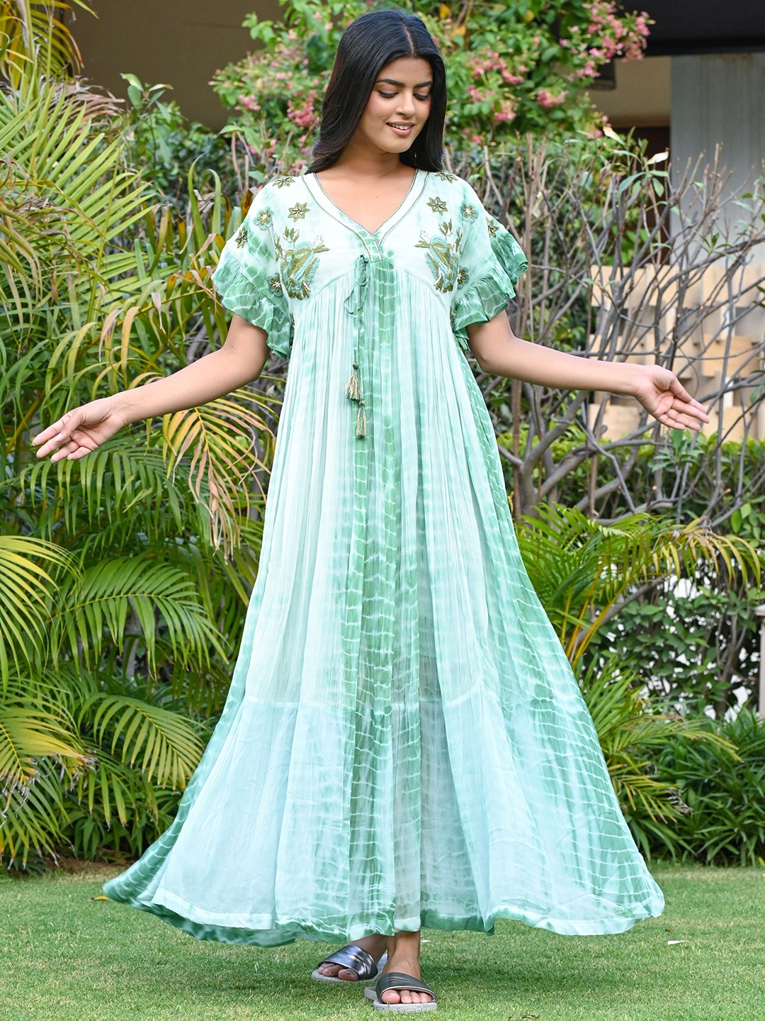 

Nyaro Tie & Dyed Extended Sleeves Embroidered Maxi Dress, Green