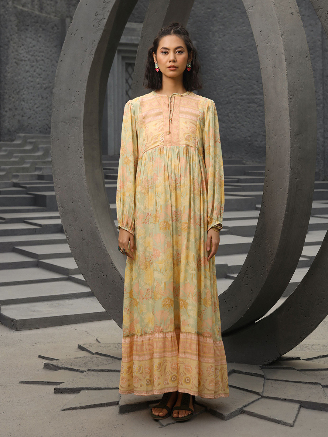 

Nyaro Floral Printed Puff Sleeves Maxi Dress, Yellow