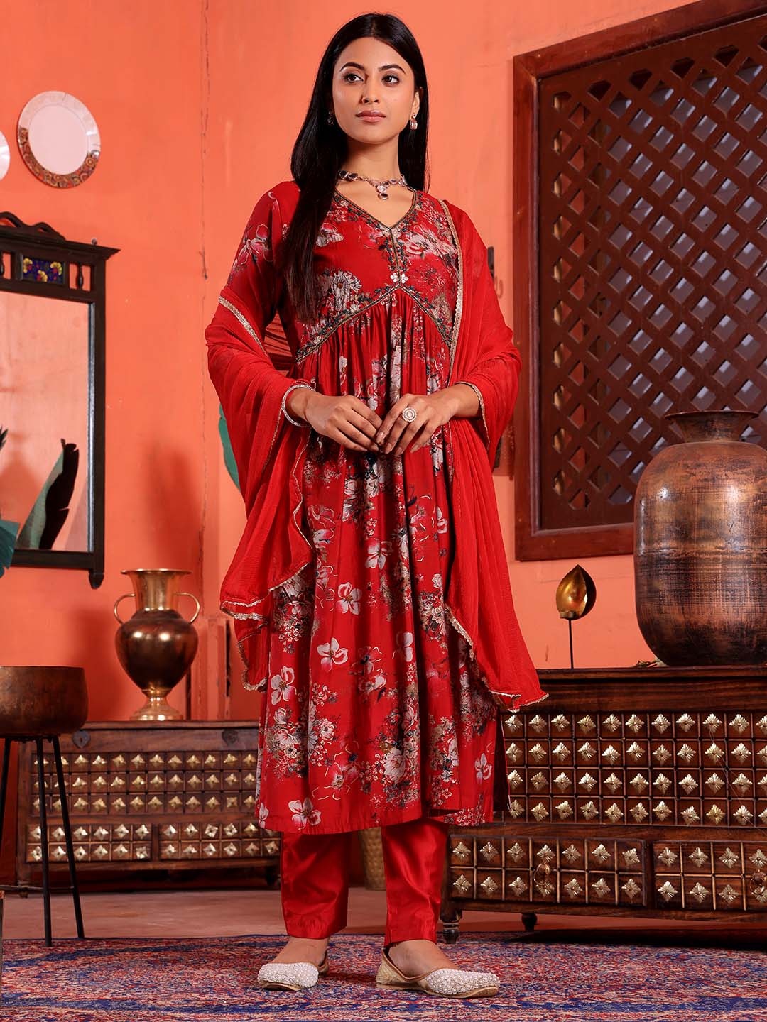 

Armaan Ethnic Women Floral Printed Pleated Beads & Stones Kurta & Trousers With Dupatta, Maroon
