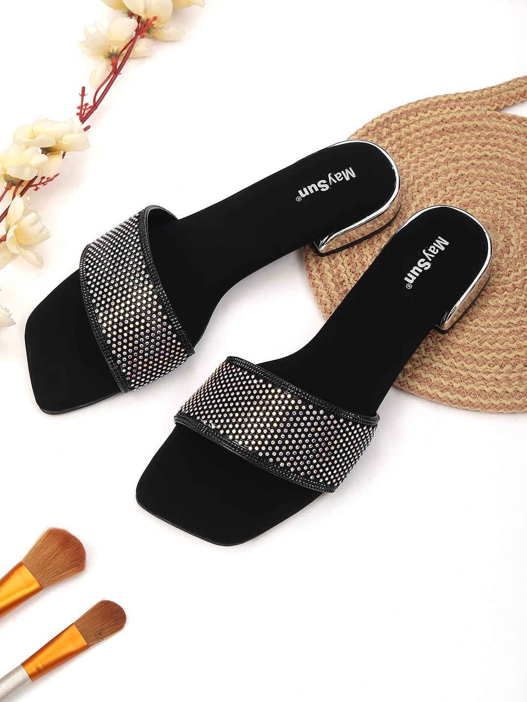 

Maysun Embellished Open Toe Flats, Black