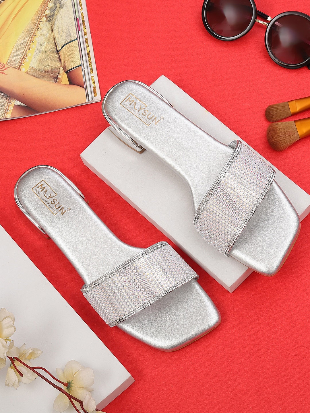 

Maysun Embellished Open Toe Flats, Silver