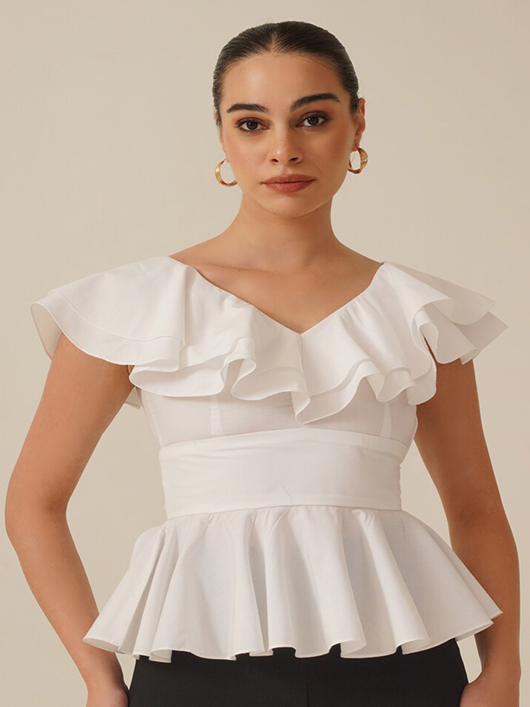 

Ipso Facto V-Neck Flutter Sleeve Cotton Peplum Top, White