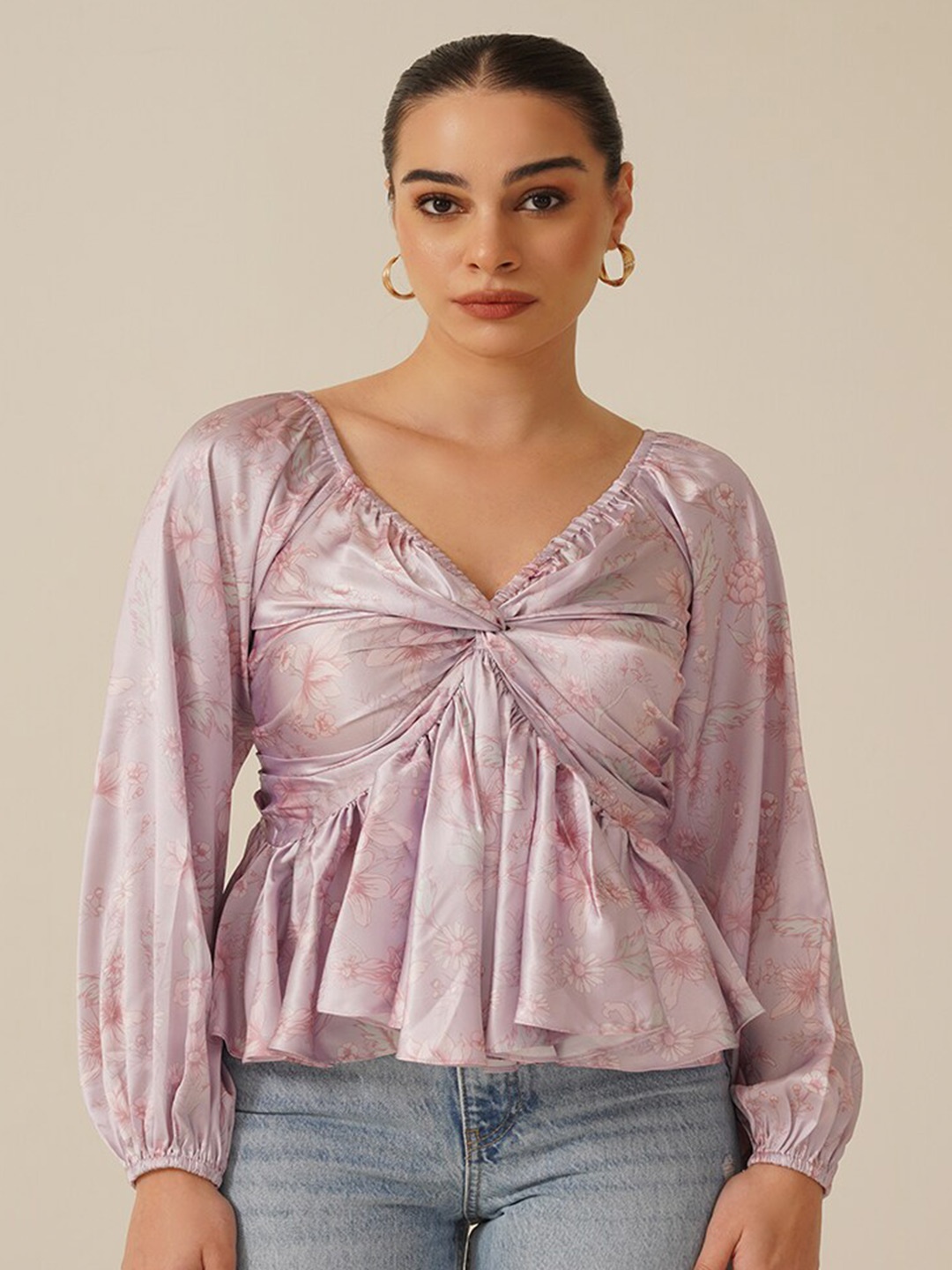 

Ipso Facto Floral Print V-Neck Cuffed Sleeves Satin Peplum Top, Purple