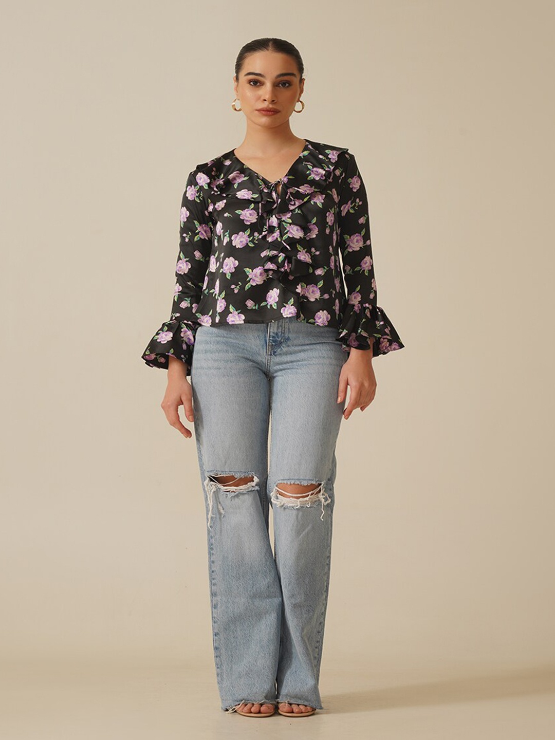 

Ipso Facto Floral Printed Tie-Up Neck Bell Sleeve Satin Top, Black