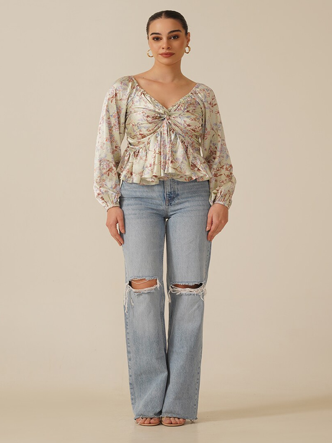 

Ipso Facto Floral Printed Puff Sleeves Satin Top, Green