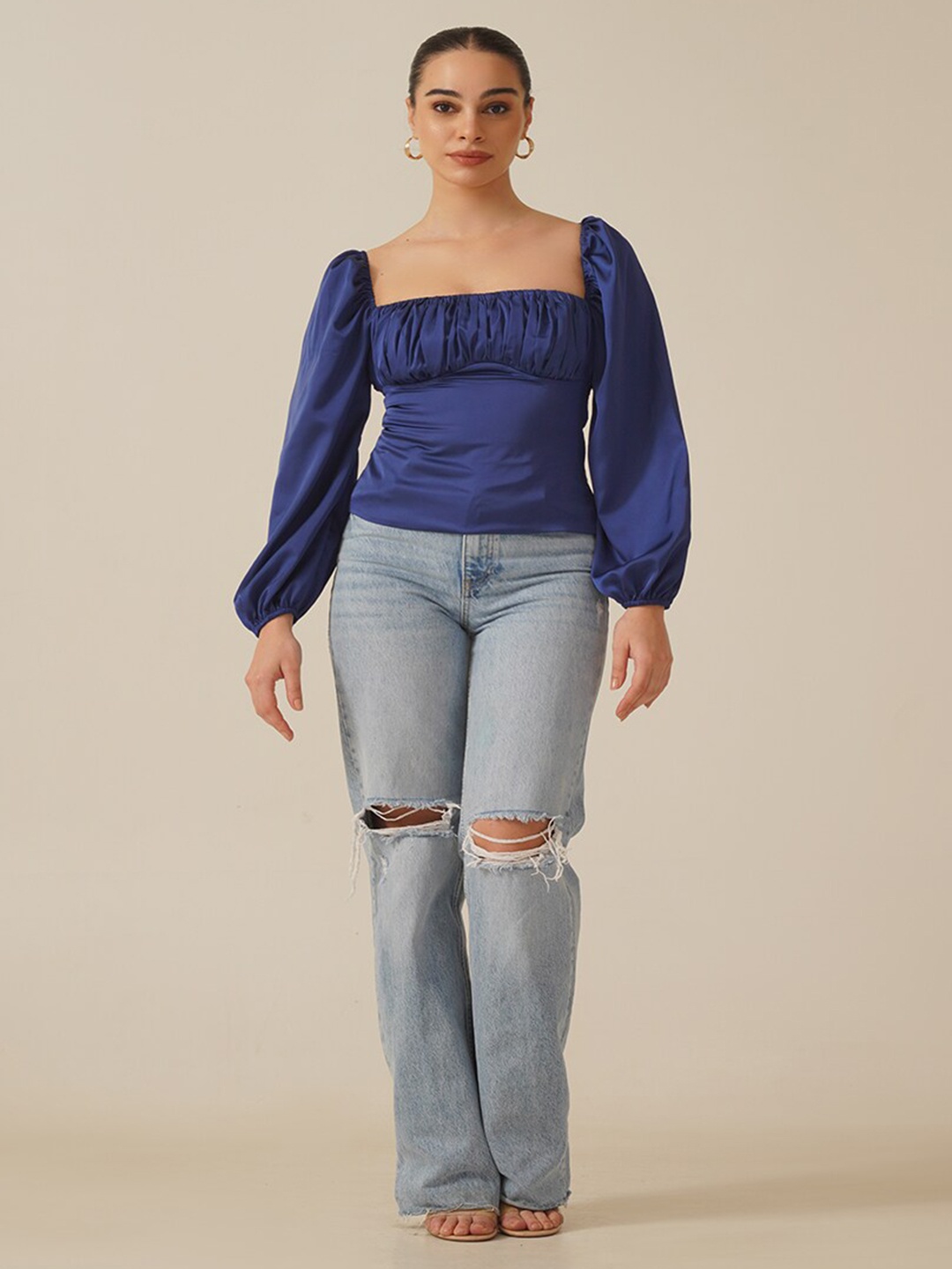 

Ipso Facto Square Neck Puff Sleeves Pleated Satin Top, Blue