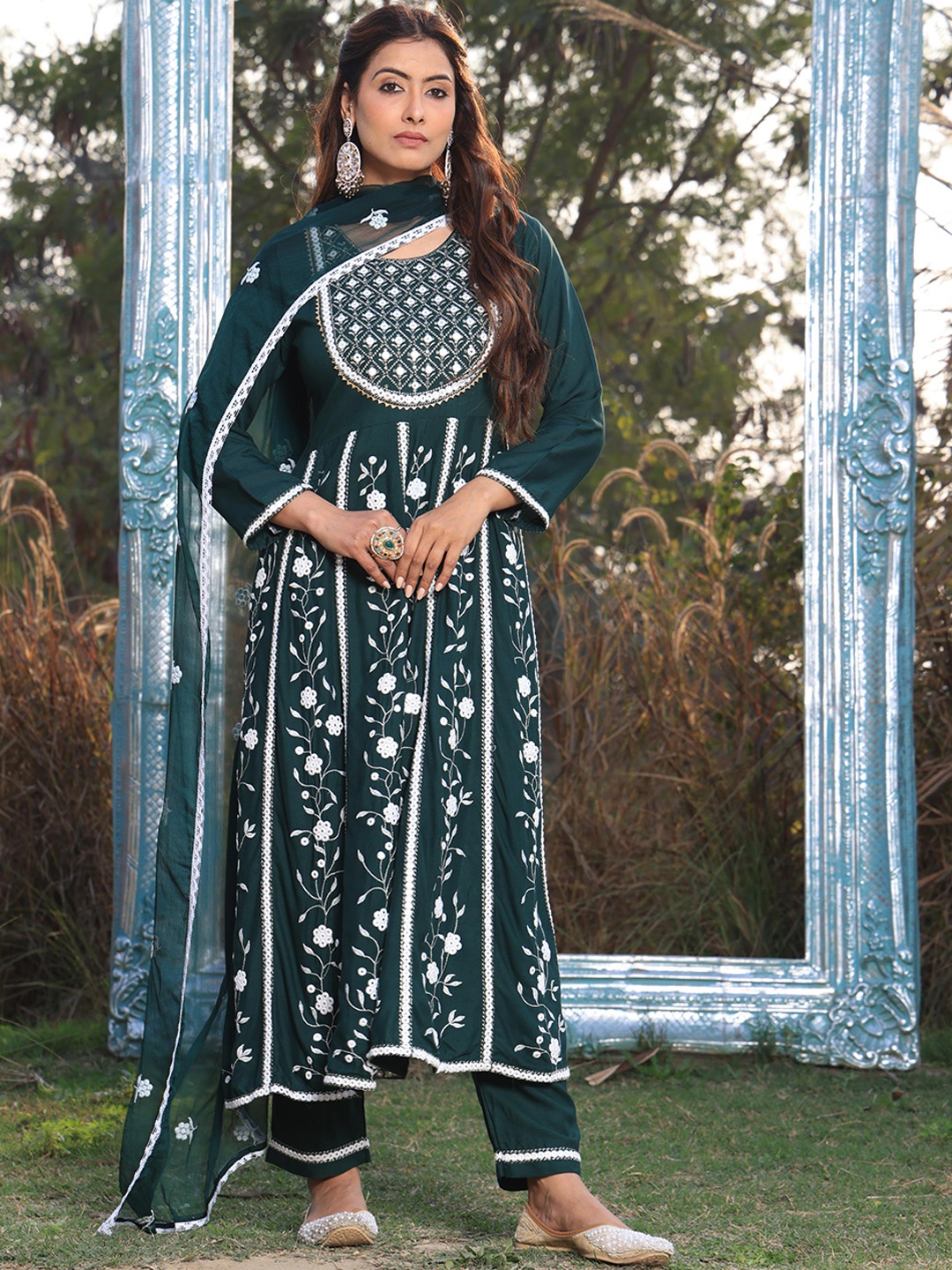 

Armaan Ethnic Women Embroidered Round Neck Mirror Work Kurta with Trousers & Dupatta, Olive