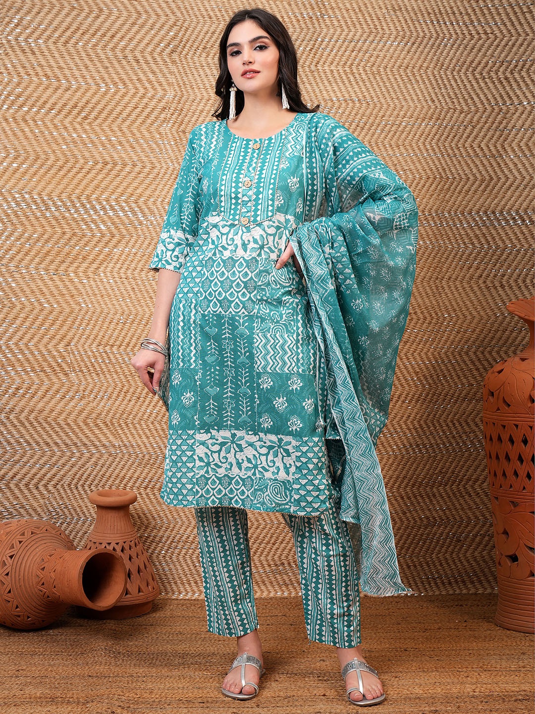 

Vishudh Women Ethnic Motifs Printed Gotta Patti Pure Cotton Kurta with Trousers & Dupatta, Blue