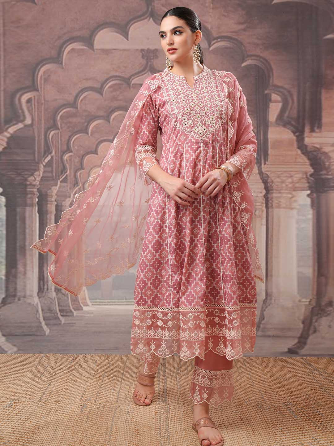 

Vishudh Women Embroidered Empire Thread Work Pure Cotton Kurta with Trousers & With Dupatta, Rose