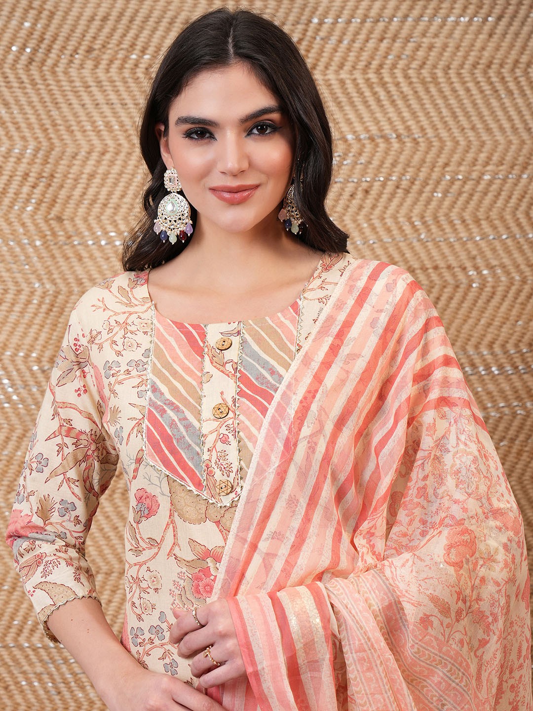 

Vishudh Women Floral Printed Regular Pure Cotton Kurta with Trousers & Dupatta, Cream