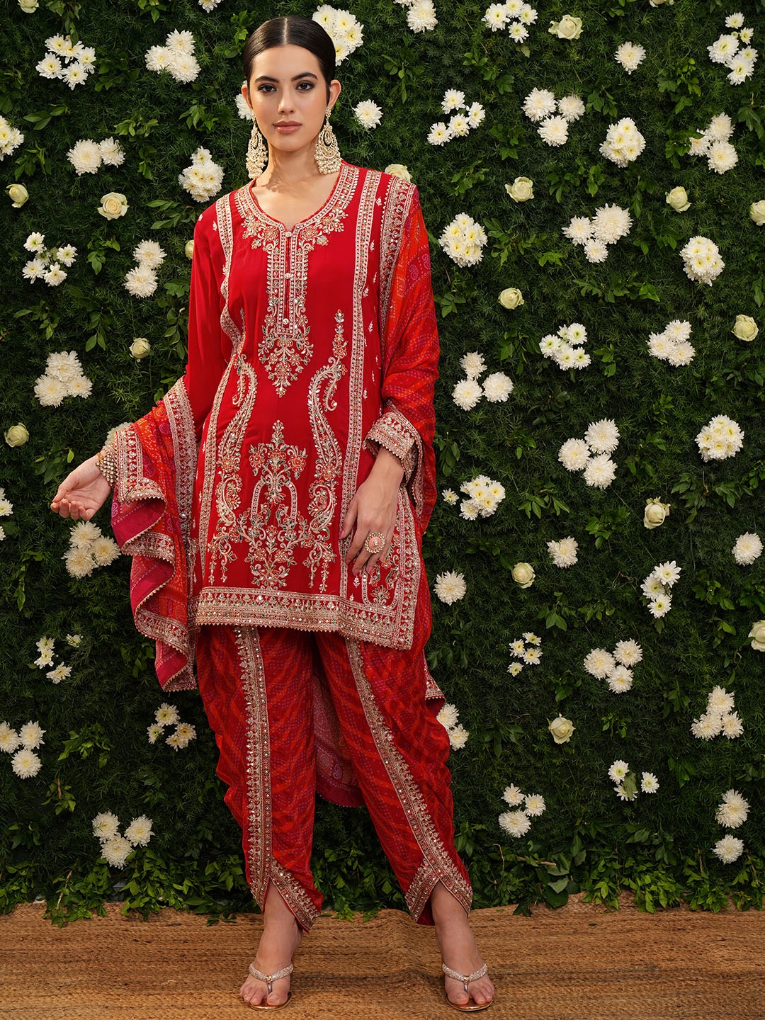 

Vishudh Red Floral Embroidered Thread Work Kurta With Trousers & Dupatta