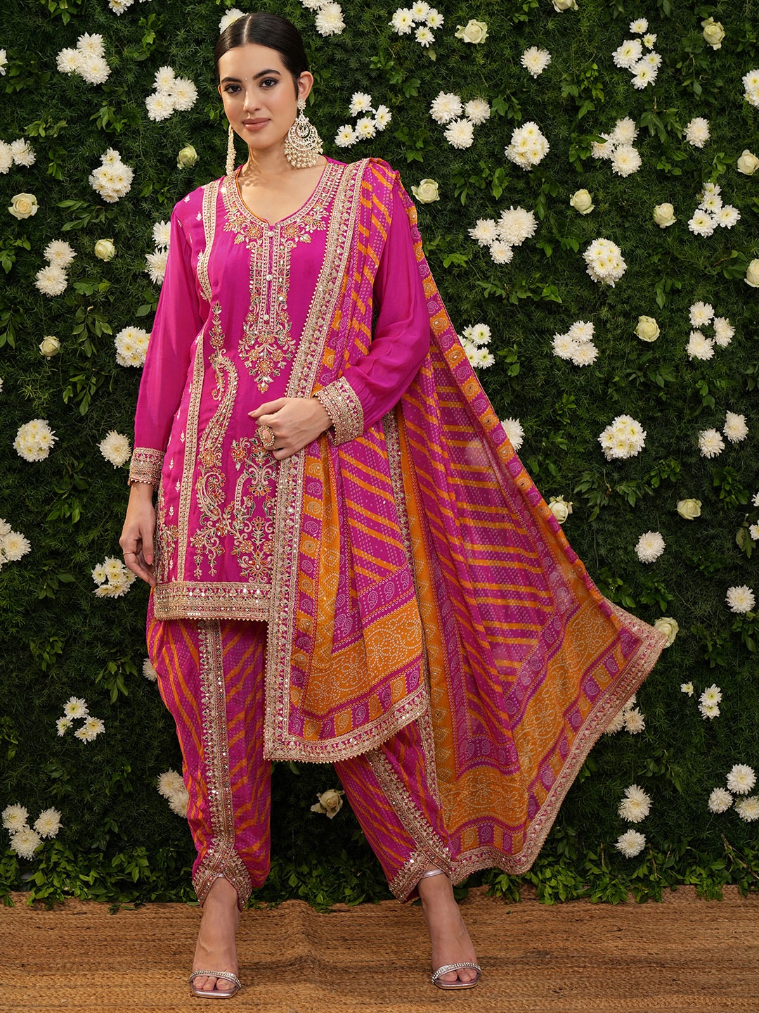 

Vishudh Pink Ethnic Motifs Embroidered Thread Work Kurta With Dhoti Pants & Dupatta