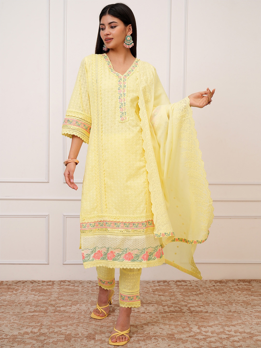 

Vishudh V Neck Flared Sleeves Floral Embroidered Cotton Kurta with Trouser & Dupatta, Yellow