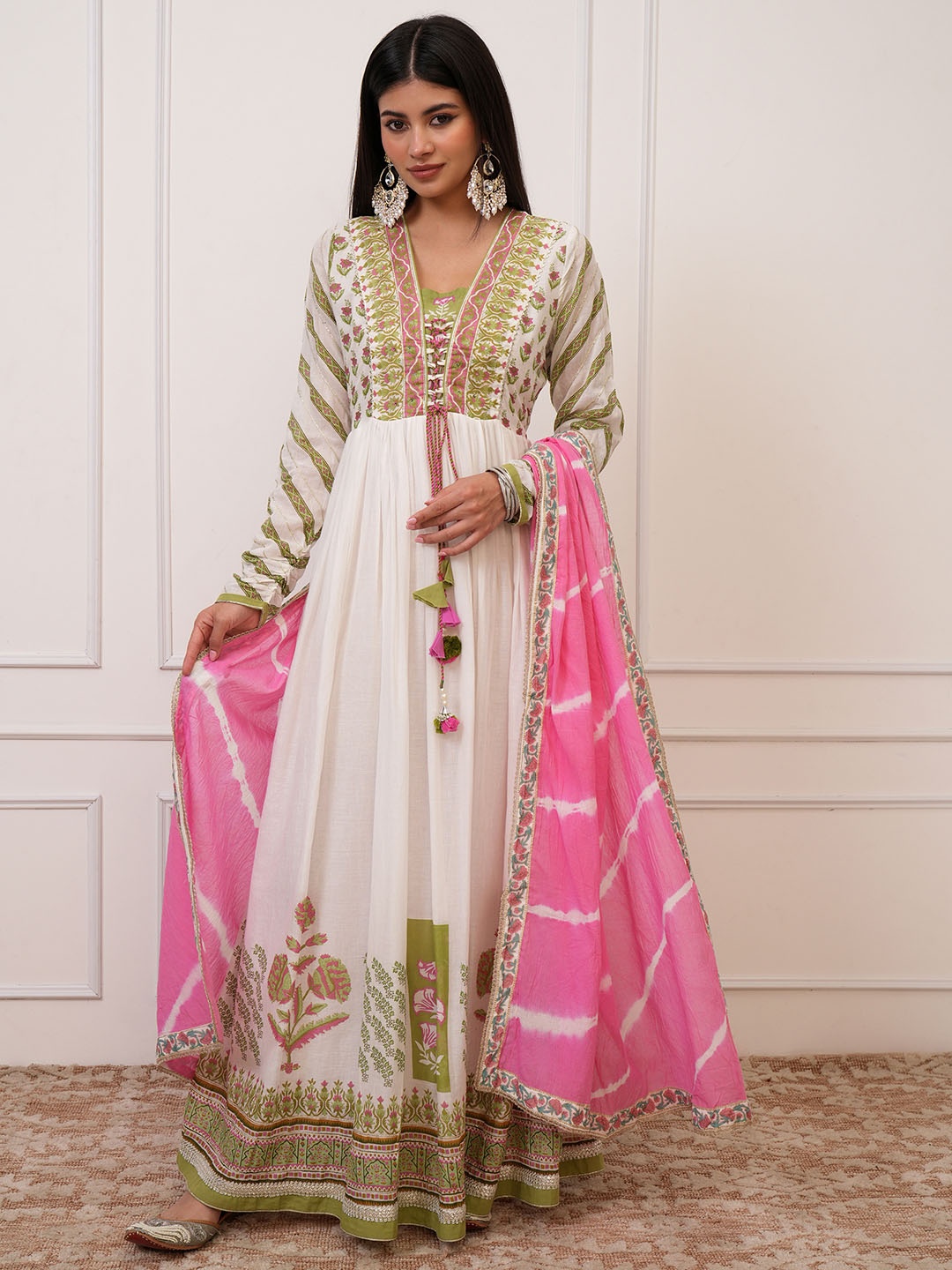 

Vishudh Anarkali Embroidered Dress With Printed Dupata, White