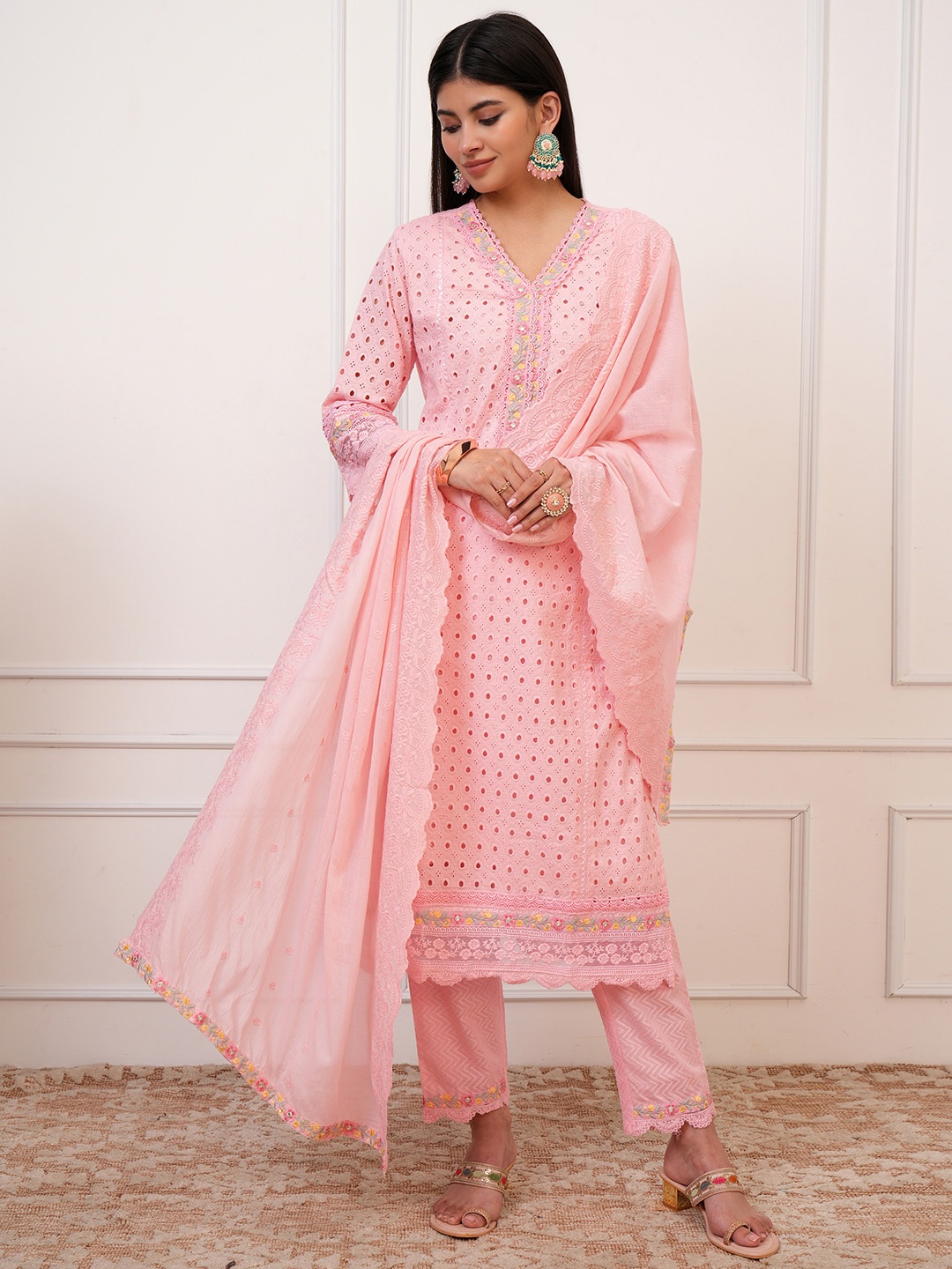

Vishudh V Neck Embroidered Pure Cotton Shiffli Kurta with Trouser & Dupatta, Pink