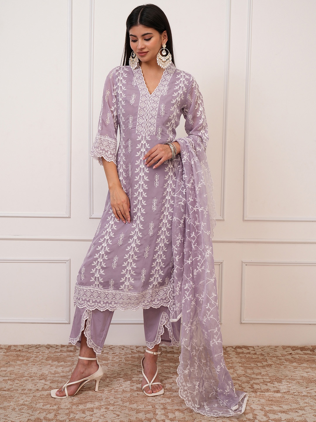 

Vishudh Women Ethnic Motifs Embroidered Regular Thread Work Kurta with Trousers & With Dupatta, Purple