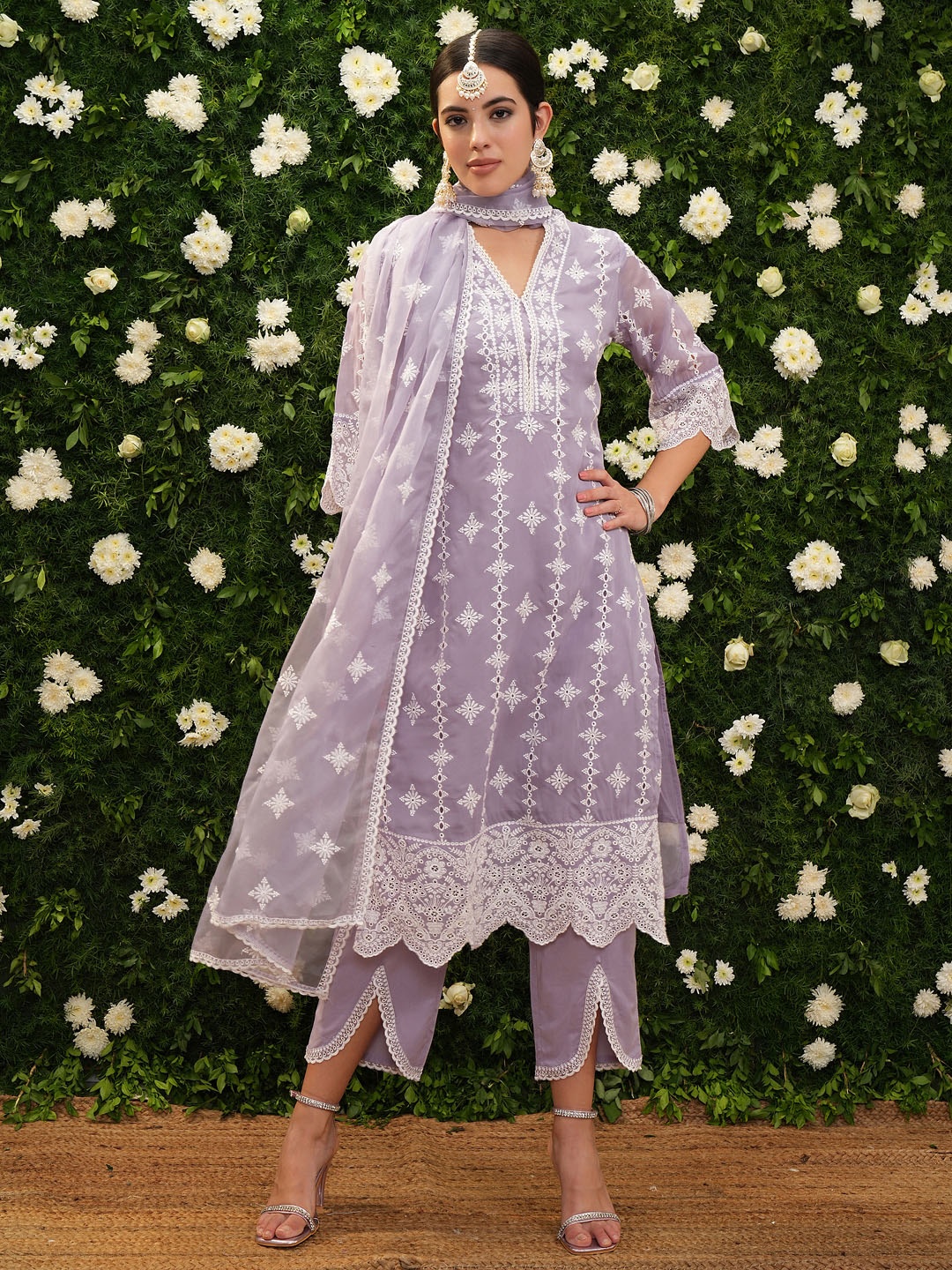 

Vishudh Floral Embroidered Thread Work Straight Kurta With Salwar & Dupatta, Purple