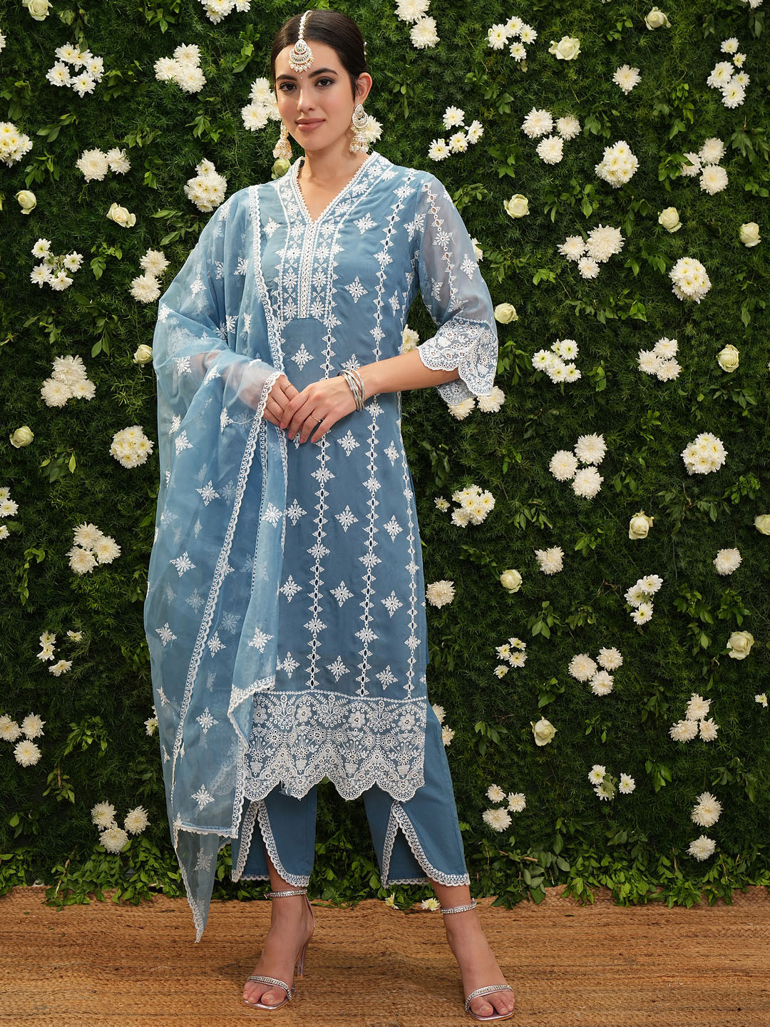 

Vishudh Ethnic Motifs Embroidered V-Neck Kurta With Trousers & Dupatta, Blue
