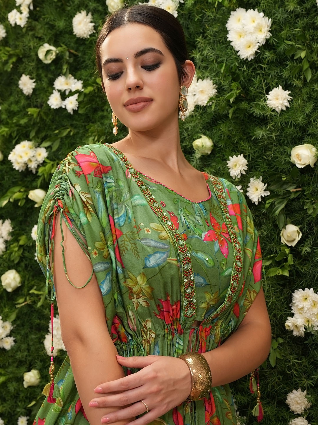 

Vishudh Green Floral Printed High-Low Sequinned A-Line Top With Trouser