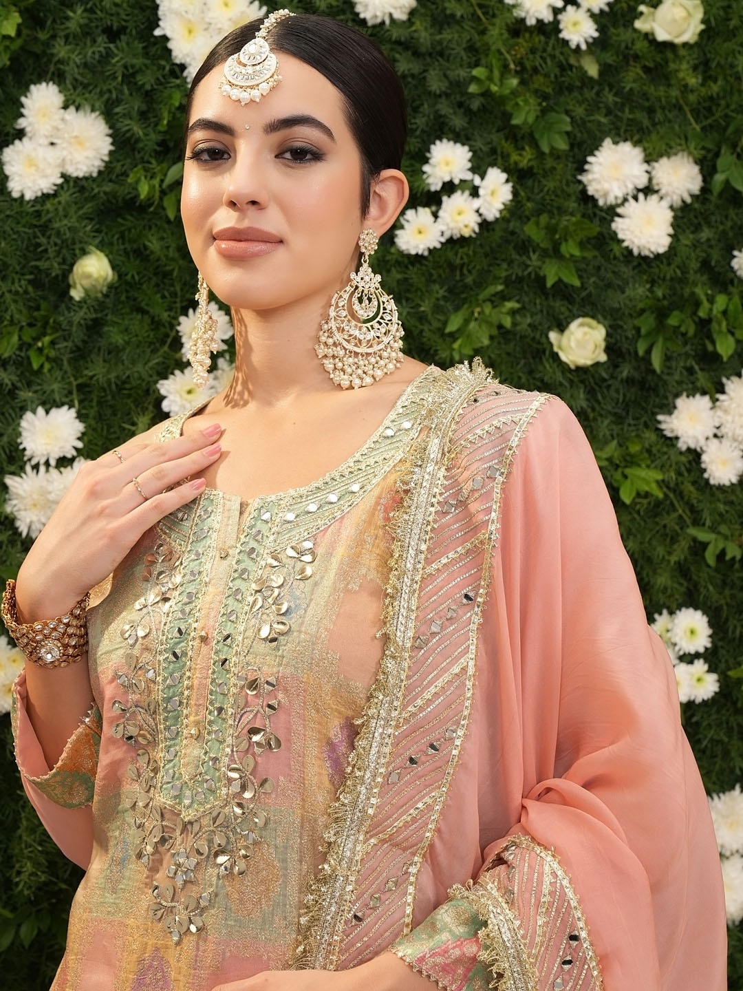 

Vishudh Pink Ethnic Motifs Printed Thread Work Straight Kurta With Sharara & Dupatta