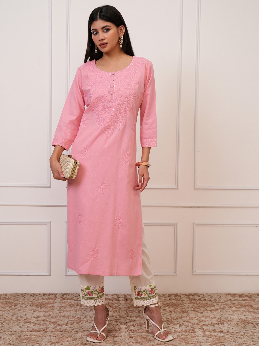 

Vishudh Women Embroidered Flared Sleeves Kurta, Pink