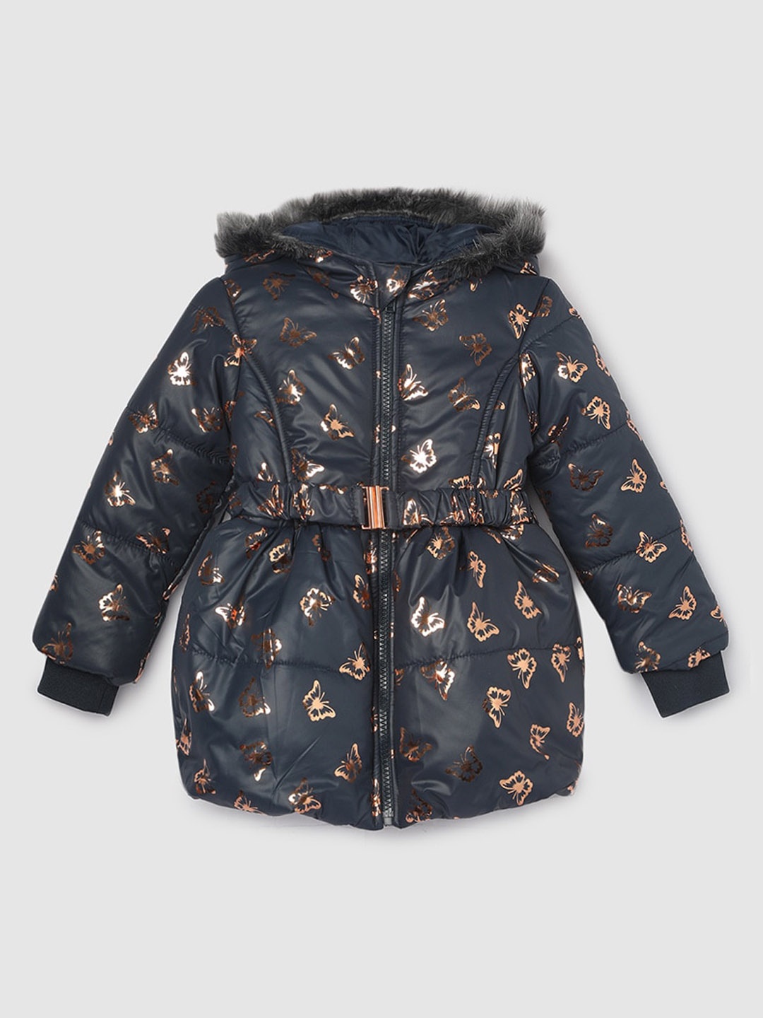 

max Girls Conversational Printed Crop Puffer Jacket, Navy blue