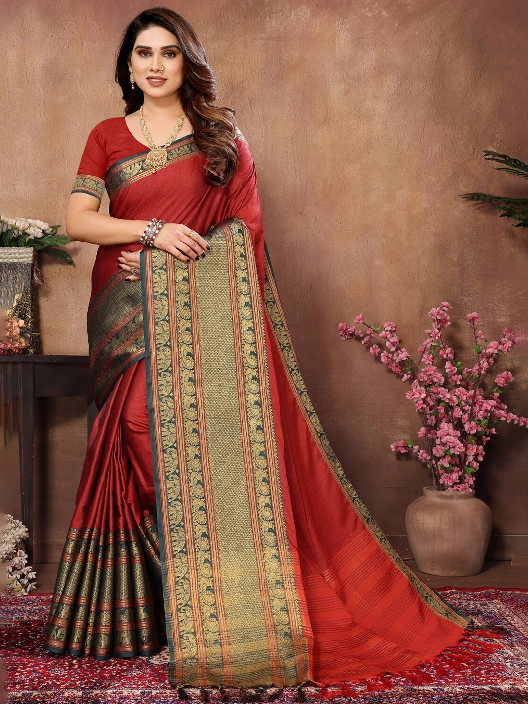 

vj fashion Woven Design Zari Narayan Peth Saree With Tassels, Red