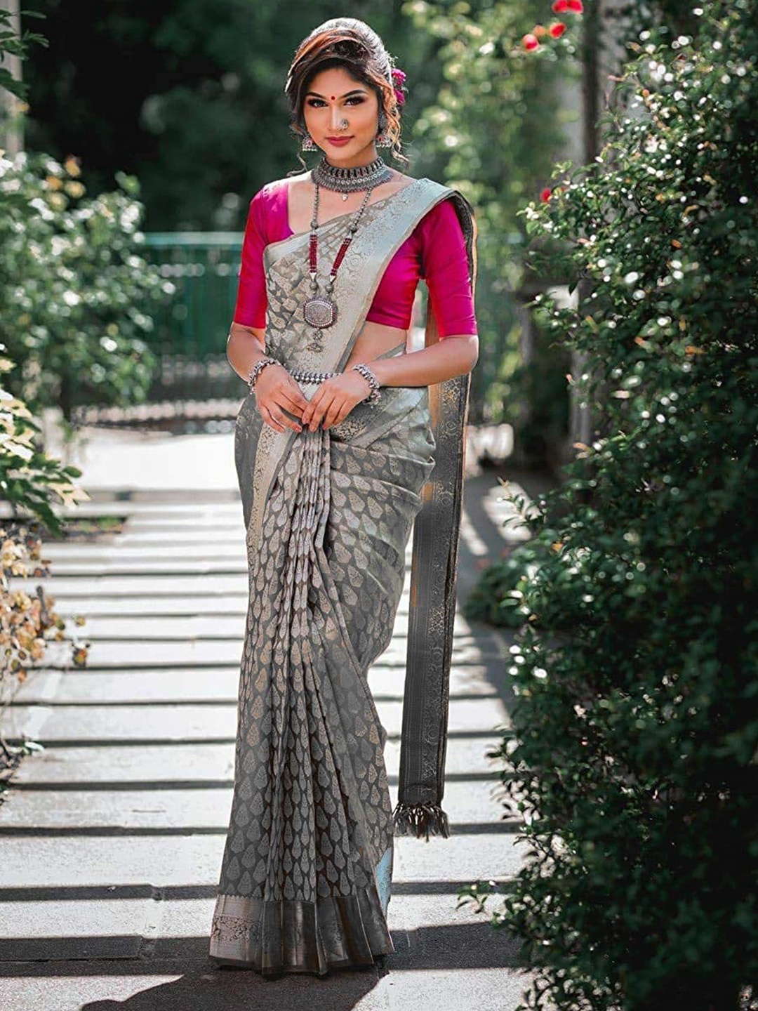 

MONERA Woven Design Zari Banarasi Saree with Tassels, Silver