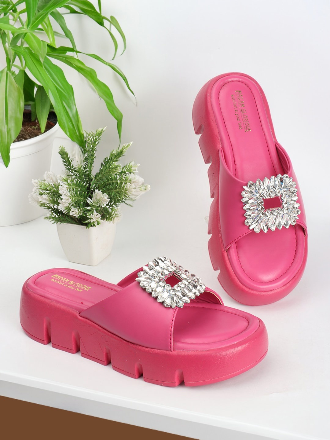 

madam glorious Embellished Open Toe Flatform Heels, Pink