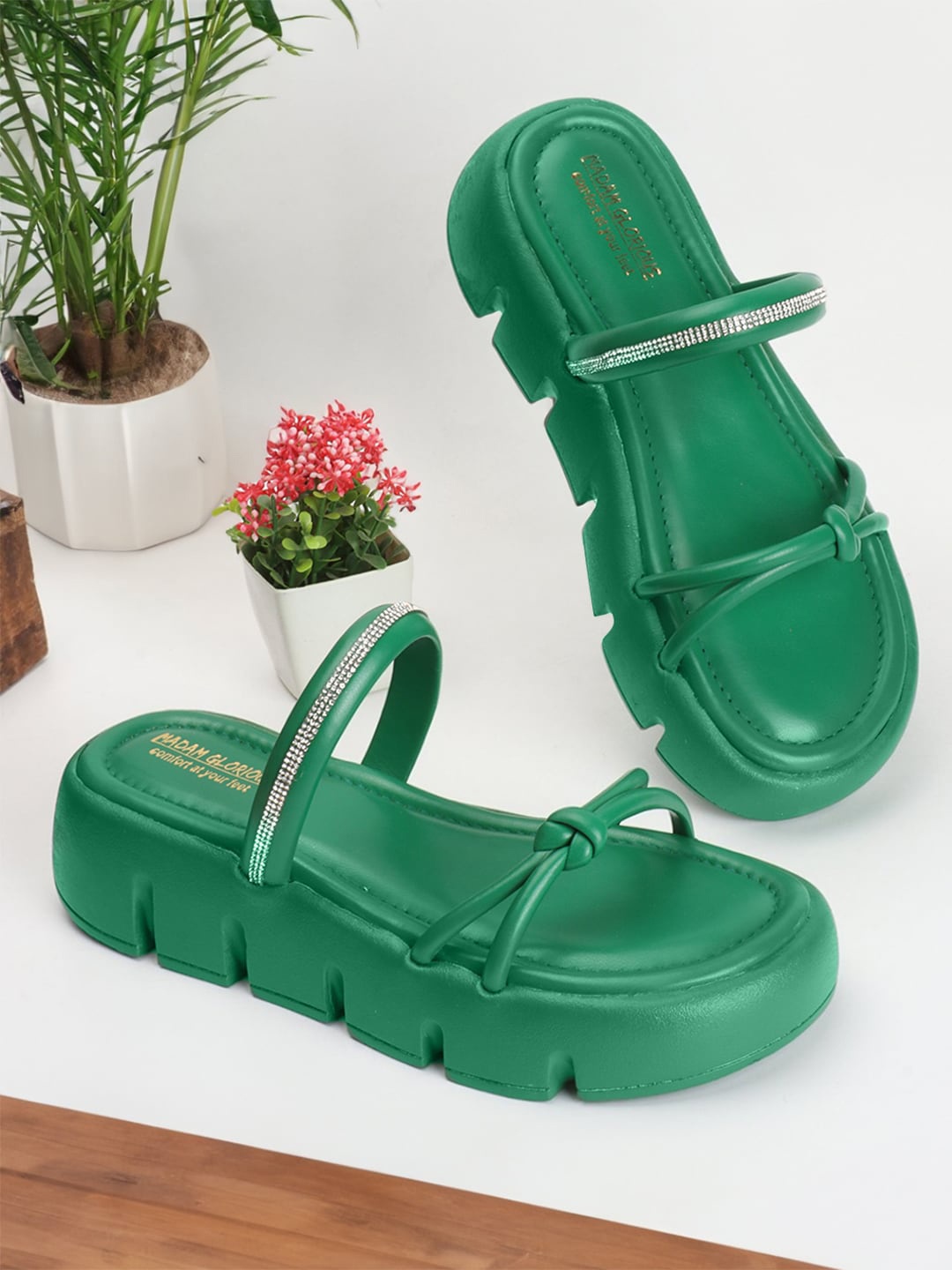 

madam glorious Embellished Open Toe Flatform Heels, Green