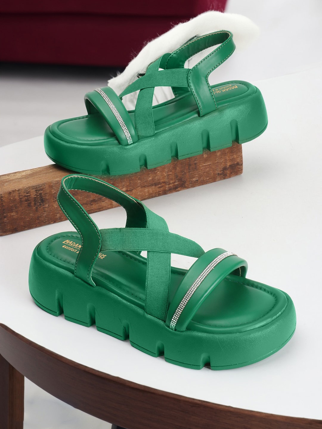 

madam glorious Textured Open Toe Flatform Heels, Green