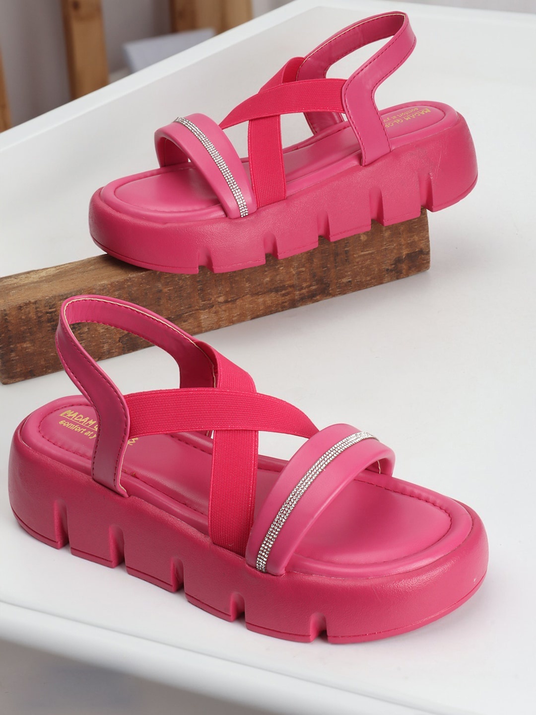 

madam glorious Textured Open Toe Flatform Heels, Pink