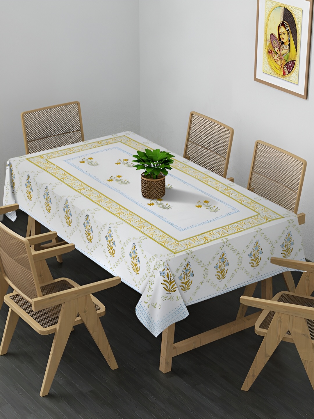 

Rajasthan Decor White & Blue Floral Block Printed Cotton Table Cover