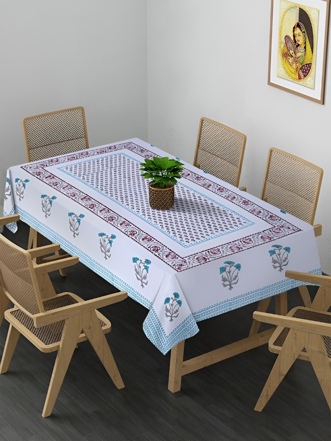 Rajasthan Decor White & Blue Ethnic Motifs Block Printed Cotton Table Cover