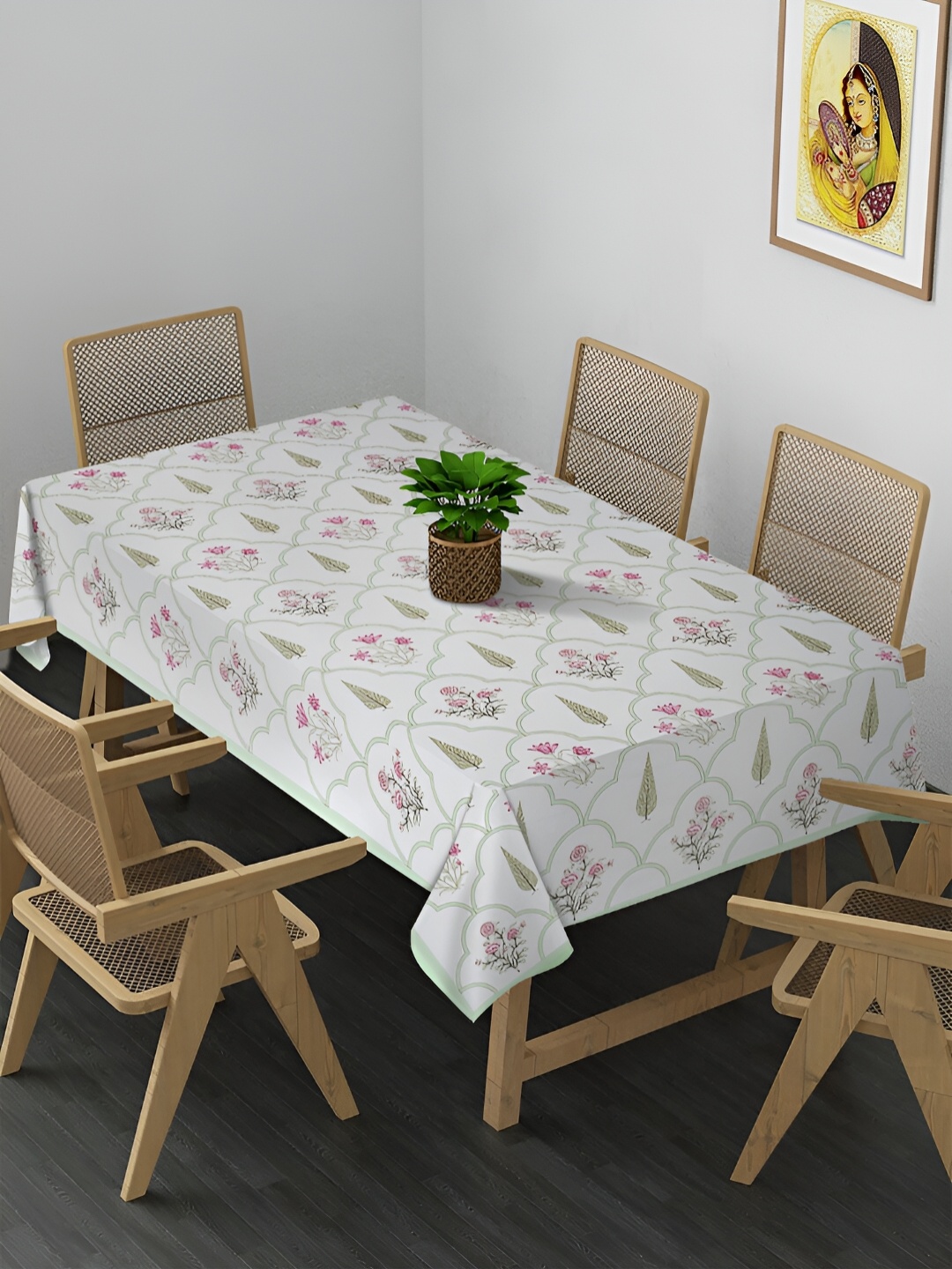 

Rajasthan Decor White & Pink Ethnic Motifs Block Printed Cotton Table Cover