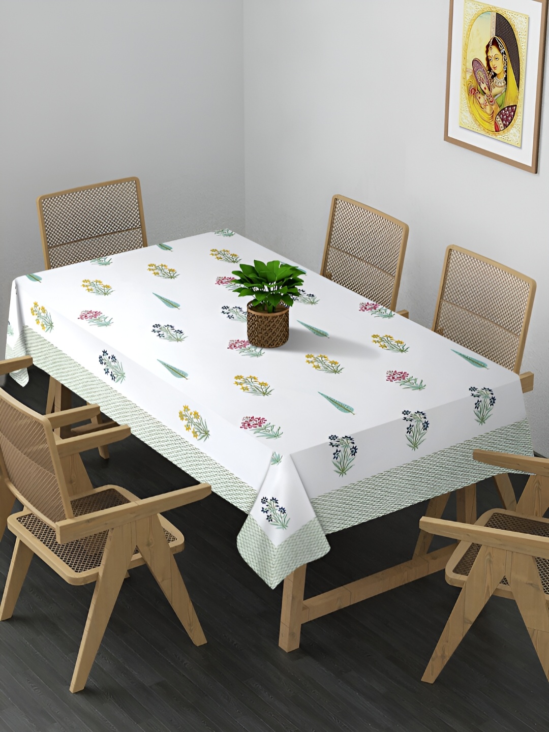 

Rajasthan Decor White & Green Floral Block Printed Cotton Table Cover