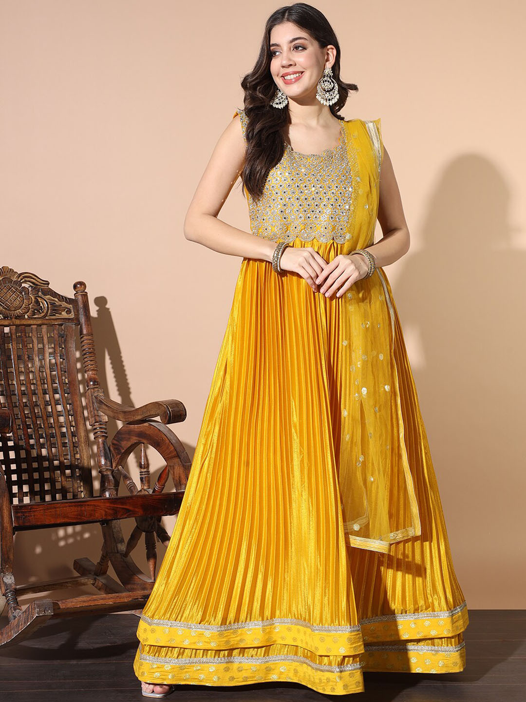

Chhabra 555 Embellished Mirror Work Ethnic Dress With Dupatta, Yellow