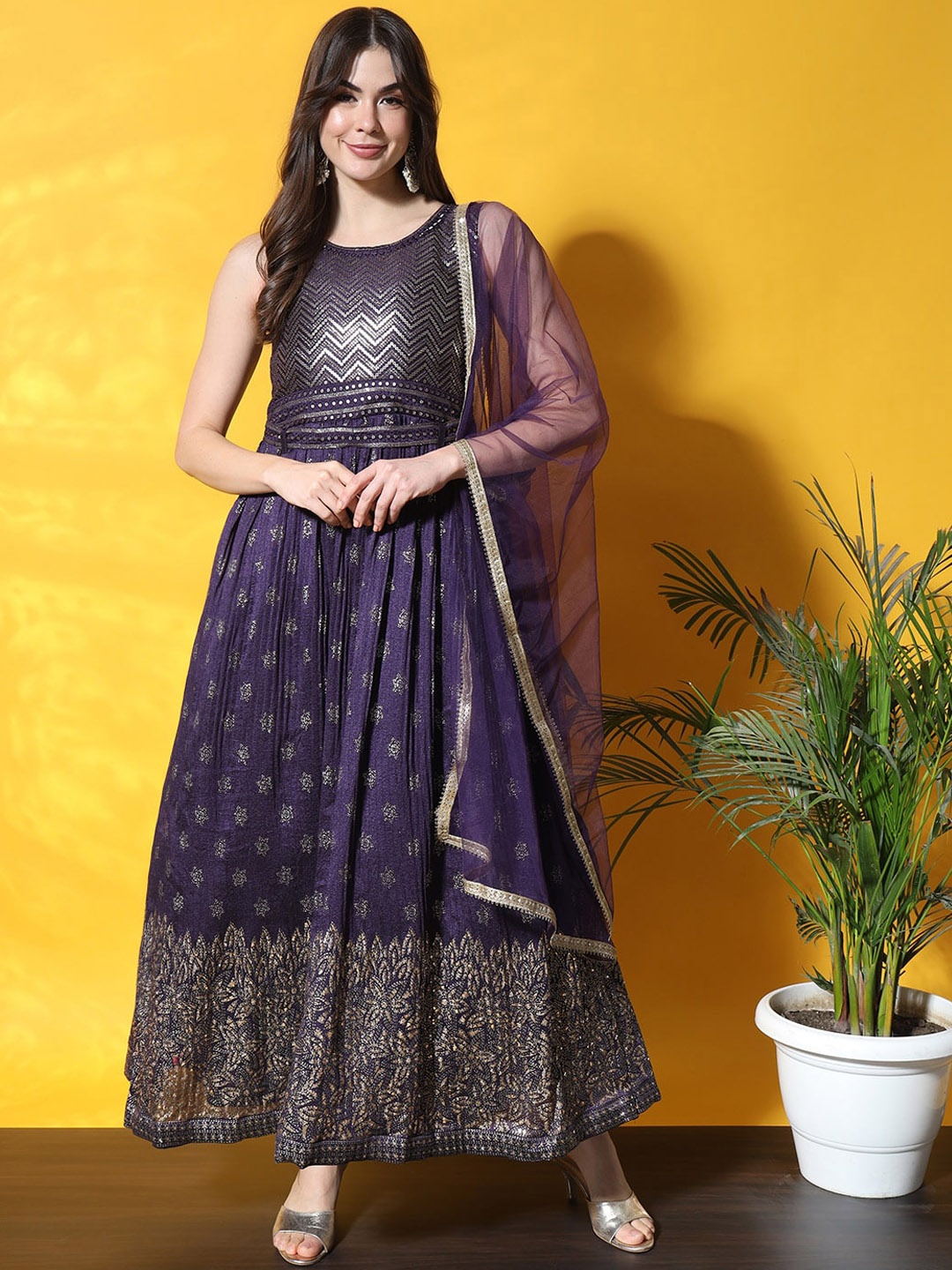 

Chhabra 555 Embellished Flared Sleeveless Maxi Gown Ethnic Dress With Dupatta, Purple