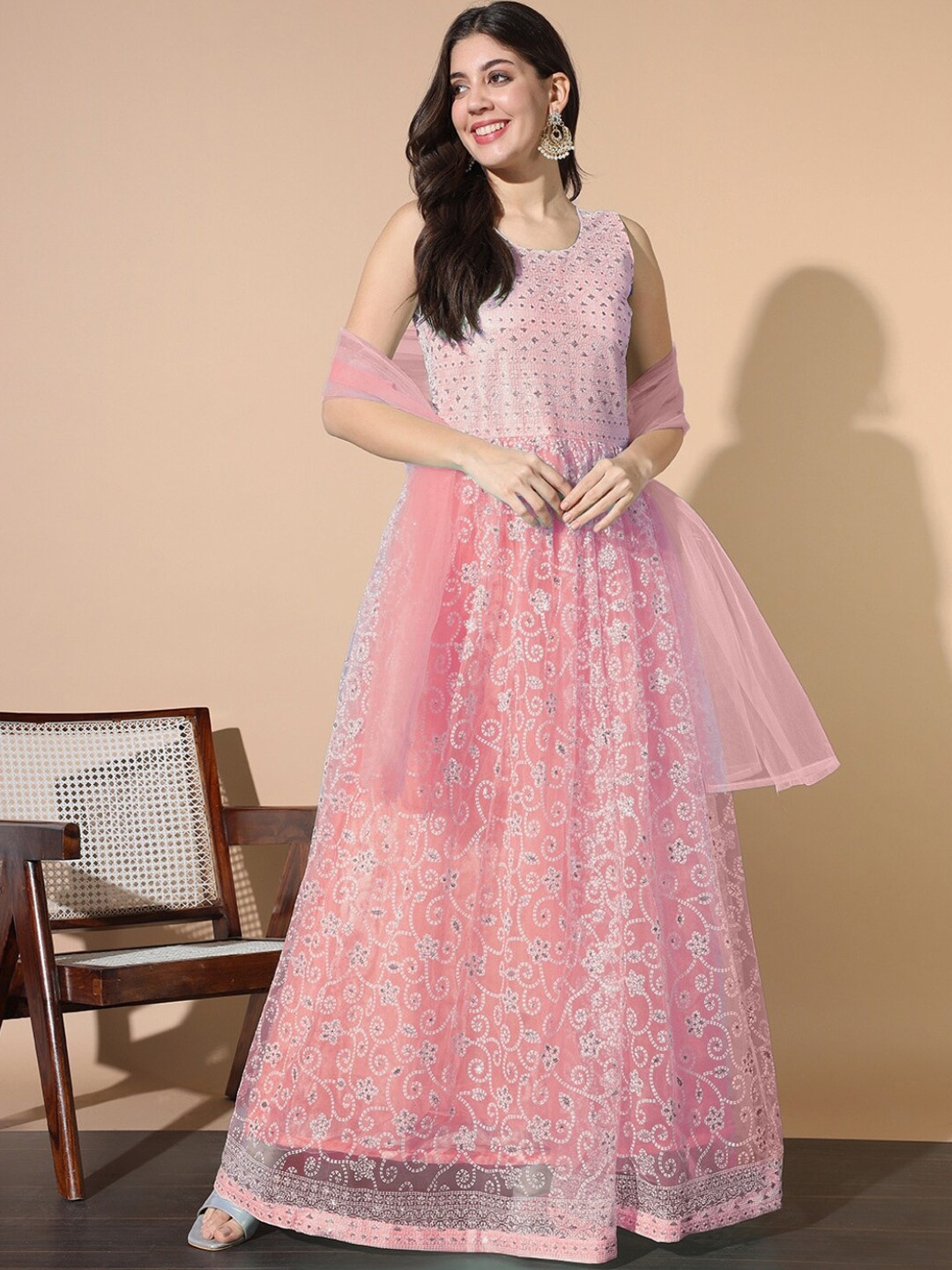

Chhabra 555 Embellished Flared Ethnic Maxi Gown Dresses With Dupatta, Pink