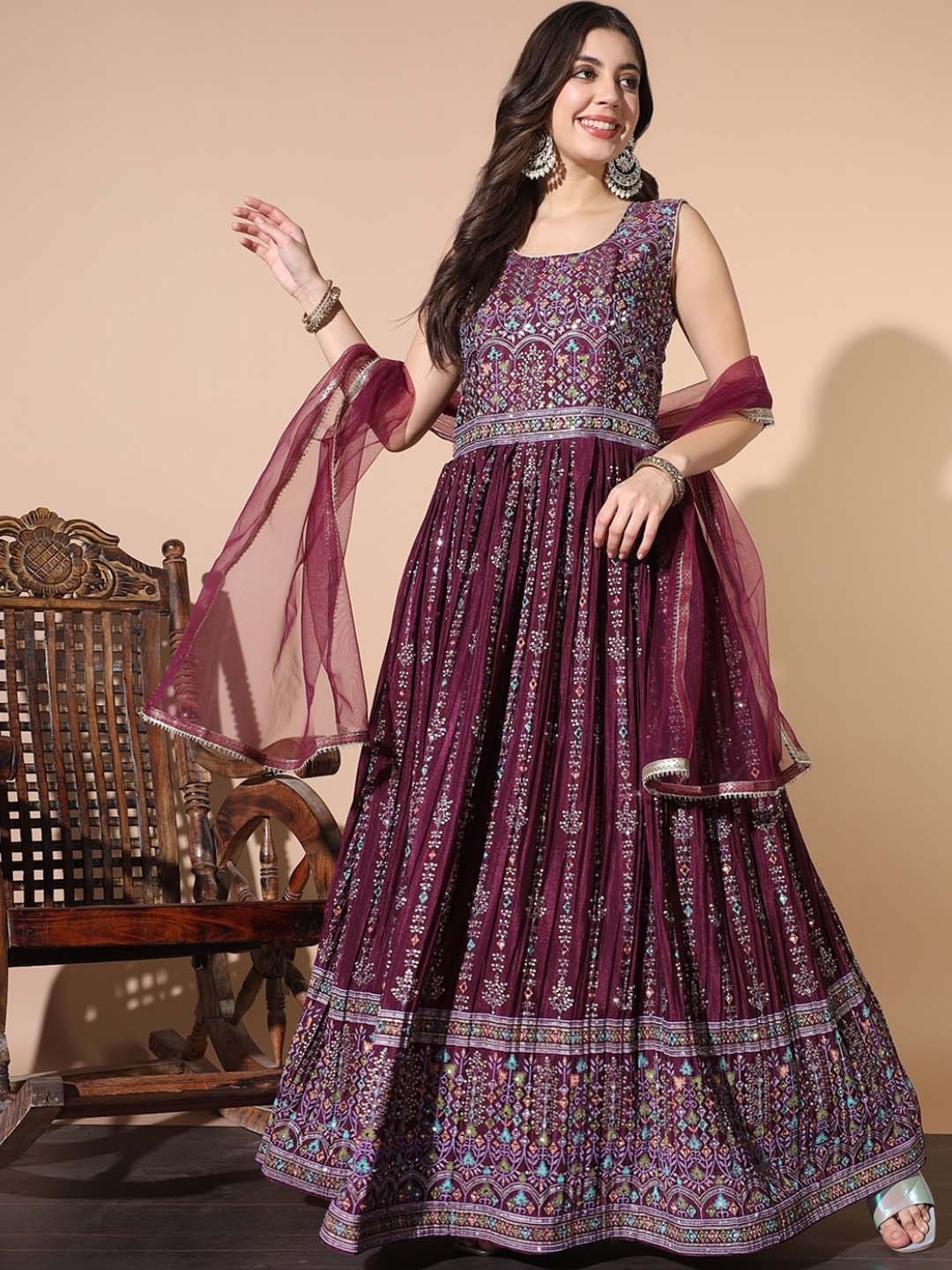 

Chhabra 555 Embellished Mirror Work Gown Ethnic Dress With Dupatta, Burgundy